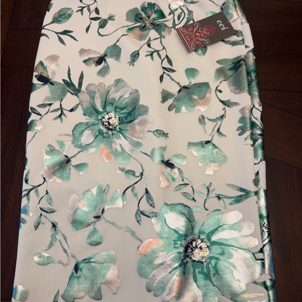 Floral Satin Pencil Skirt in Mint & Silver